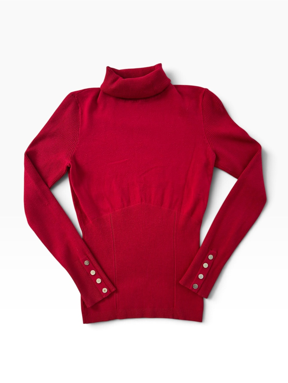 Red Cotton Fitted Turtleneck Sweater with Button Cuffs - Quiet Luxury Parisian